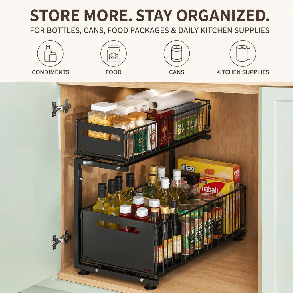 Under Sink Organizer 2-Tier Pull Out Cabinet Storage Rack, L-Shaped Foldable Shelf for Kitchen Bathroom, Space Saver with Adjustable Drawers, Black Carbon Steel