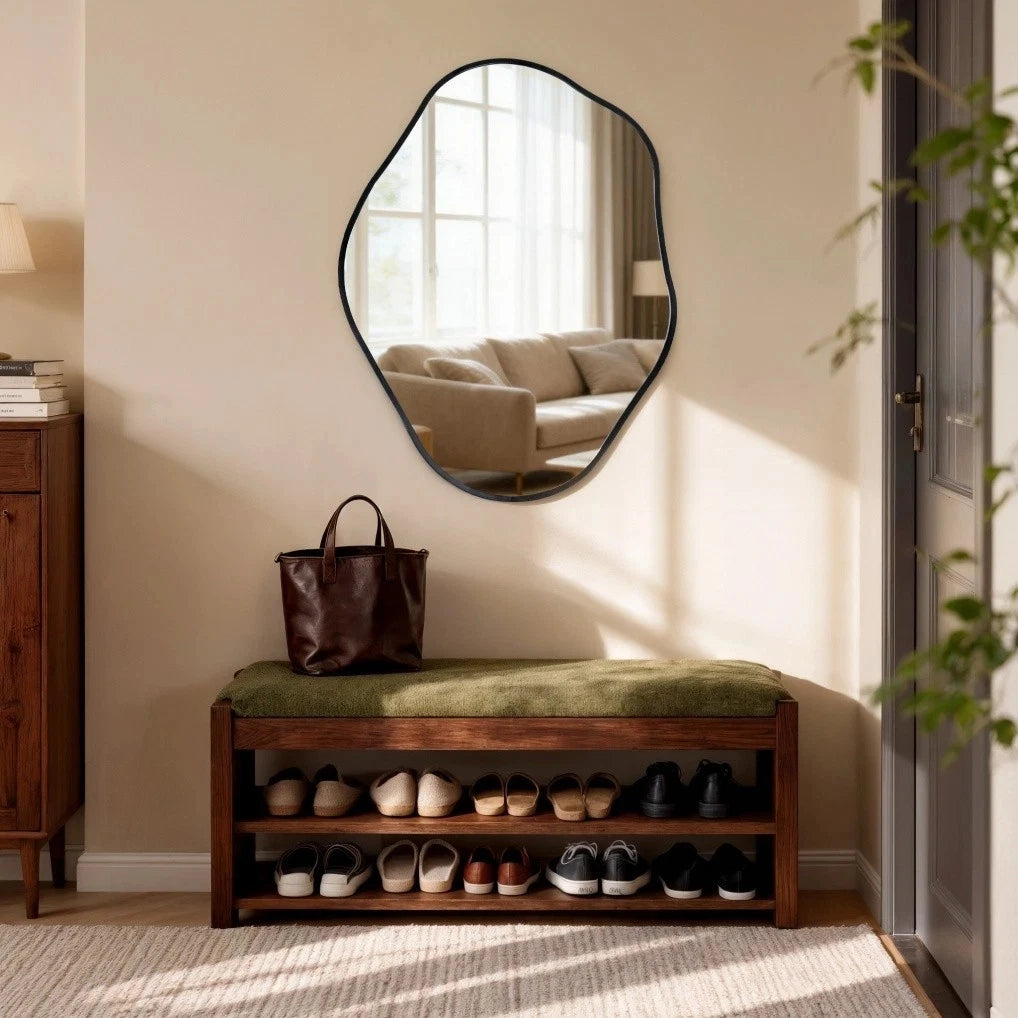 Asymmetrical Black Wall Mirror, Large Irregular Modern Wall Mounted Mirror with Aluminum Alloy Frame, Unique Freeform Decorative Art Mirror for Living Room, Bedroom, Entryway & Hallway