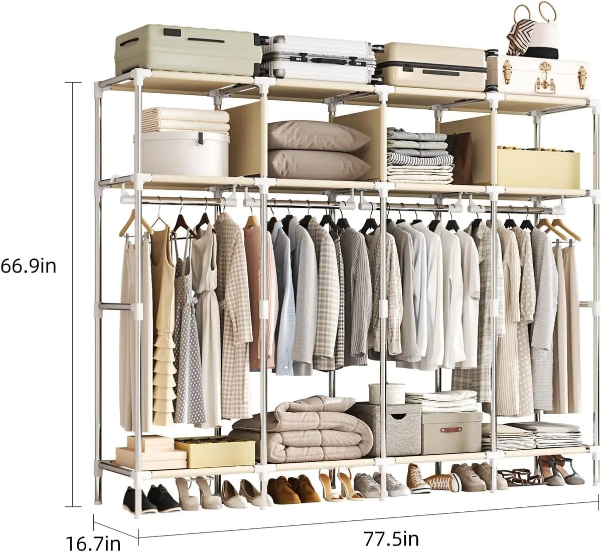 79 Inch Extra Wide Walk-in Style Portable Wardrobe Large Capacity Fabric Clothes Closet With Drawers & Full Dust Cover Multi-layer Garment Storage Organizer For Household Bedroom Dormitory Rental Room