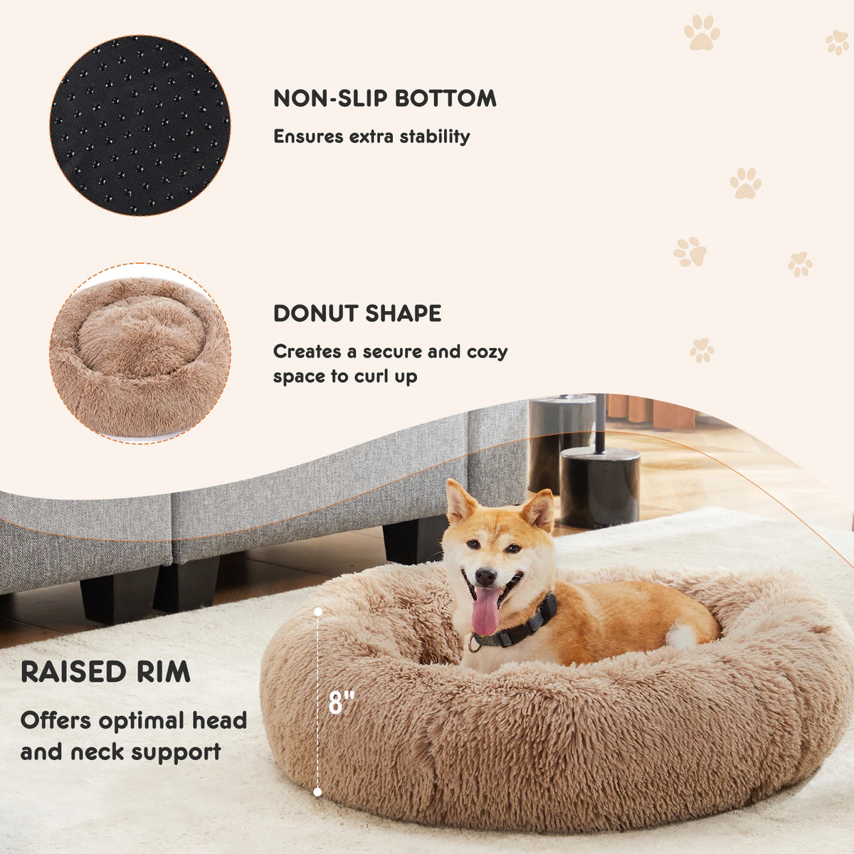 JHK Washable Plush Calming Dog Bed With Anti Slip Base