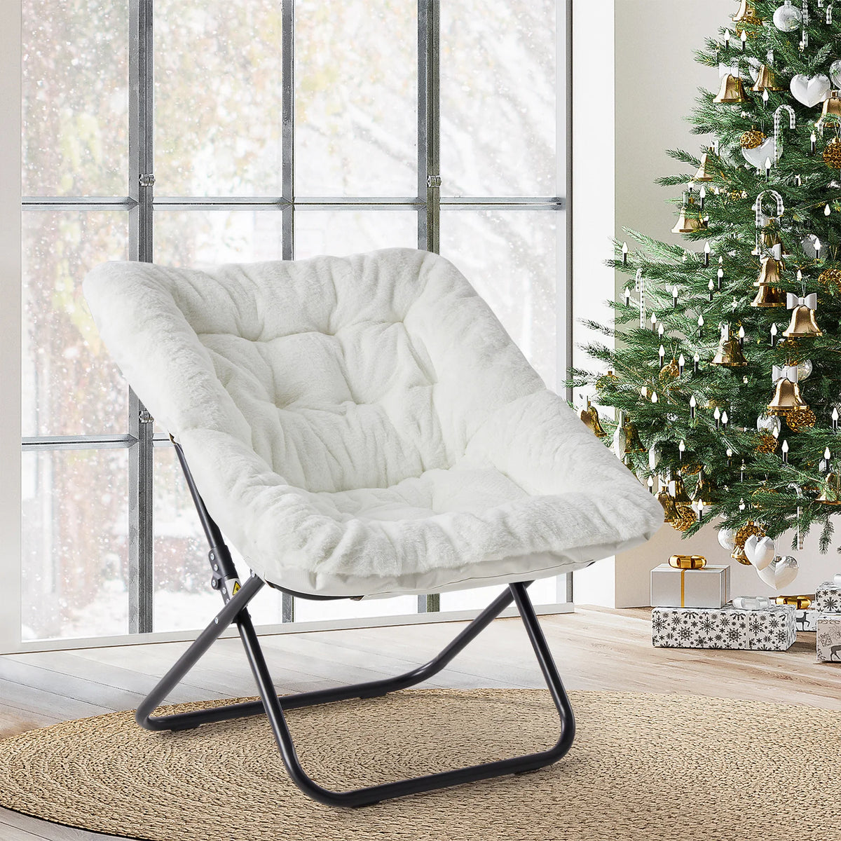 JHK 28IN Cozy Saucer Chairs Soft Faux Fur Large Size Folding Lounge Living Room Padded Seat Metal Frame Reading Chair Furniture