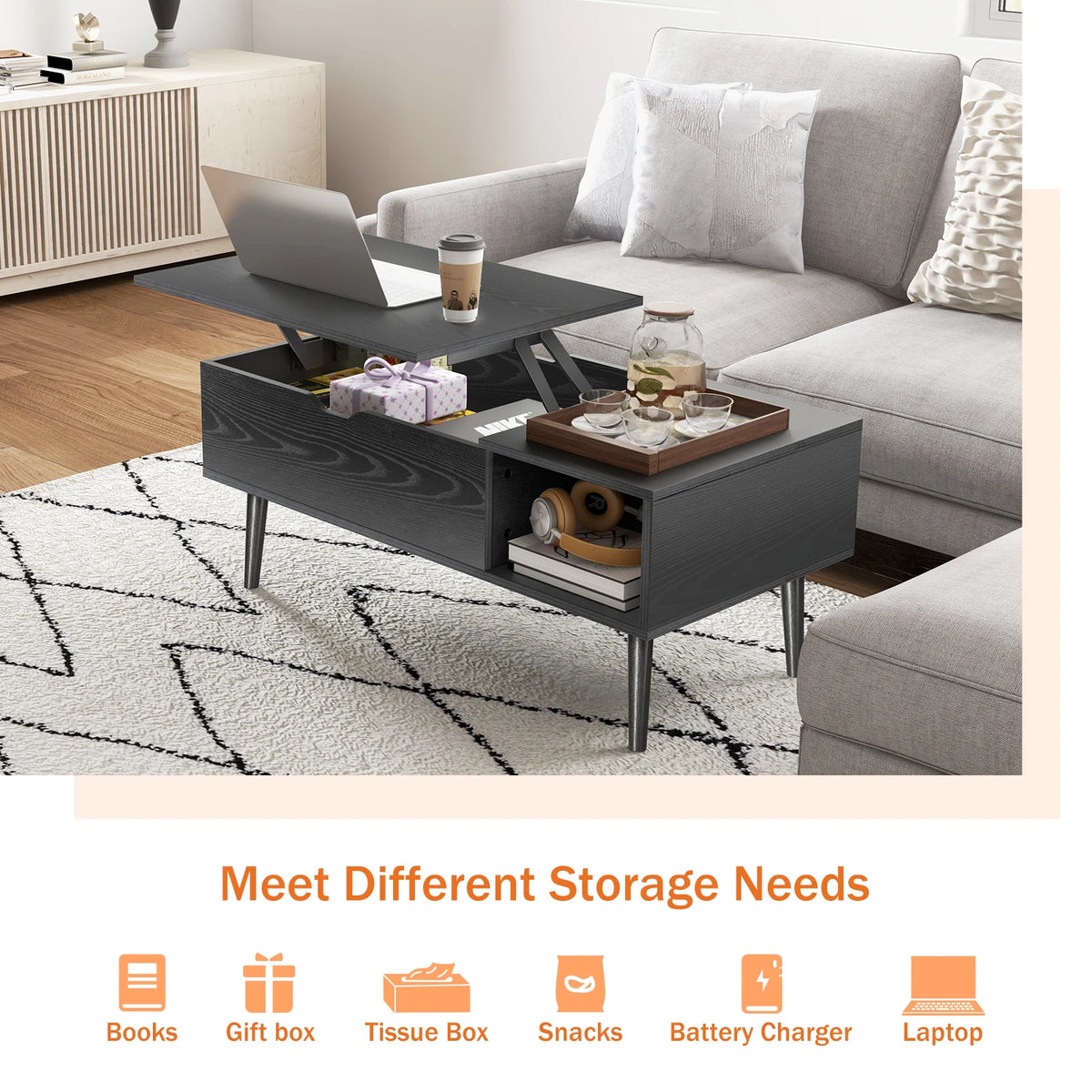 JHK Modern Lift Top Coffee Table With Adjustable Storage Shelf