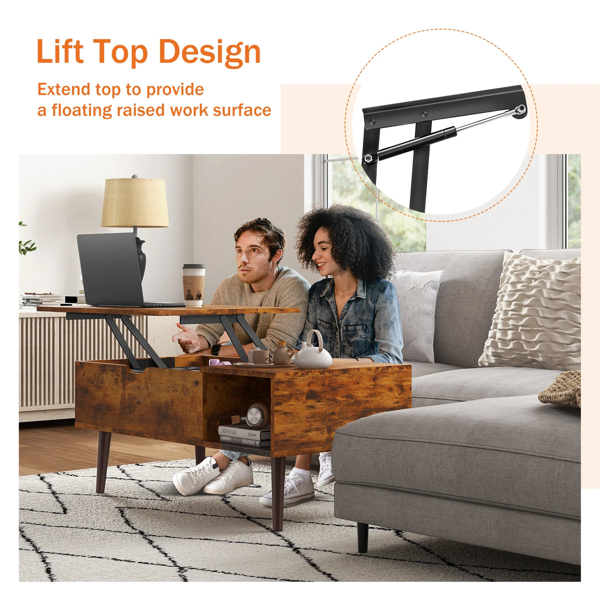 JHK Modern Lift Top Coffee Table With Adjustable Storage Shelf