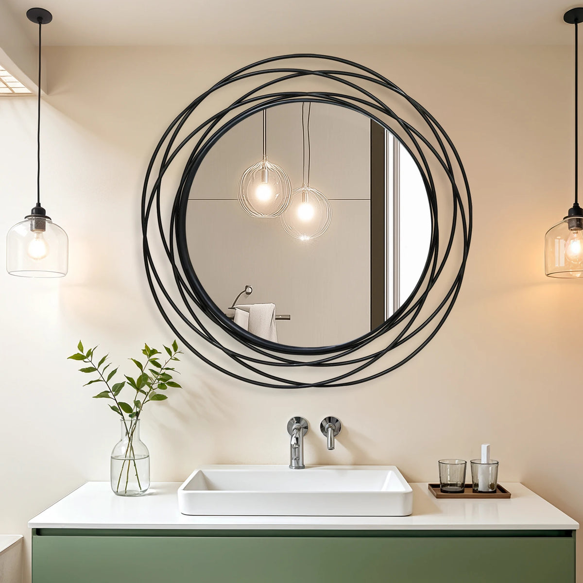 32 Inch Round Wall Mirror, Black Metal Iron Wire Frame Decorative Accent Mirror, Modern Wall Art Mirror for Living Room, Bedroom, Entryway and Home Decor