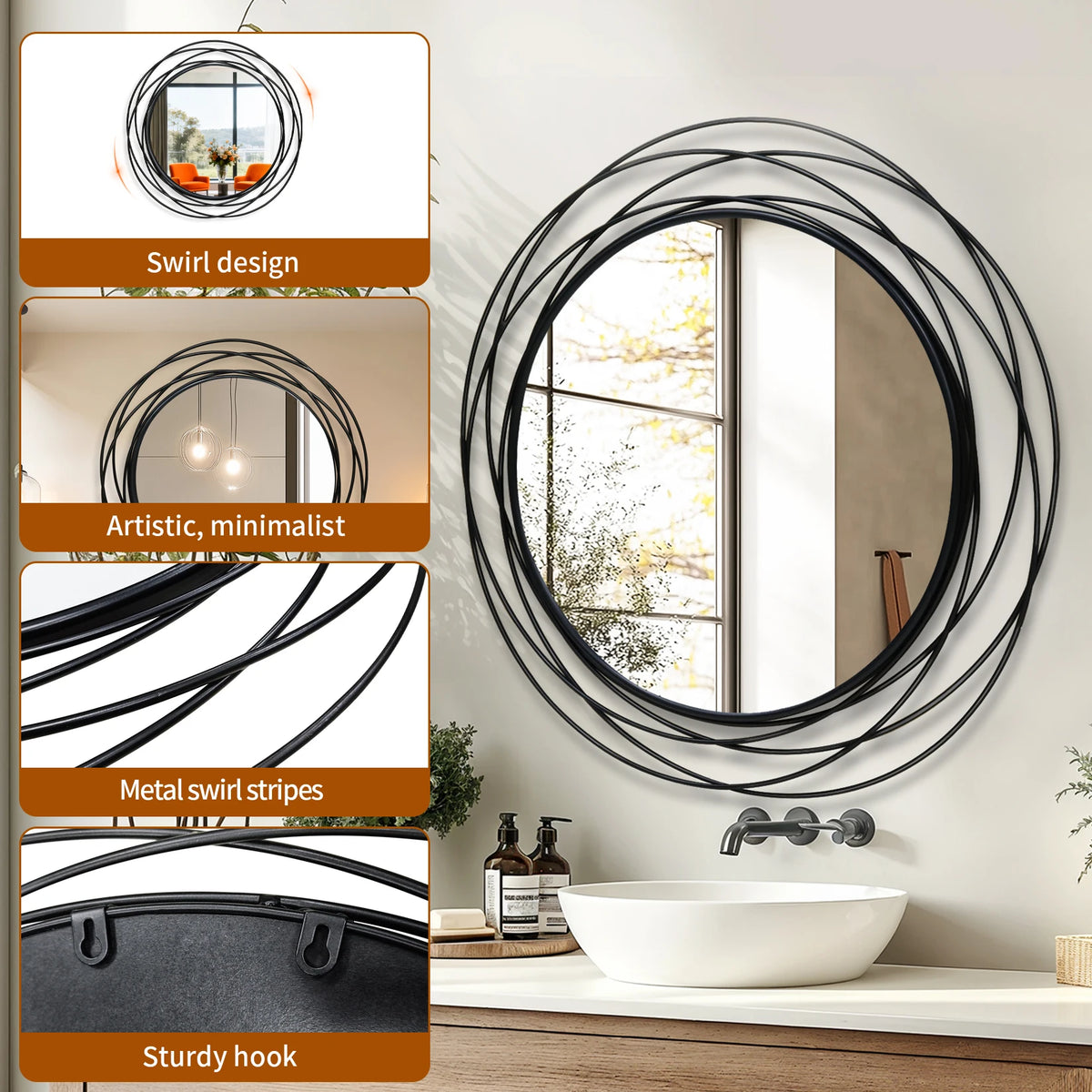 32 Inch Round Wall Mirror, Black Metal Iron Wire Frame Decorative Accent Mirror, Modern Wall Art Mirror for Living Room, Bedroom, Entryway and Home Decor