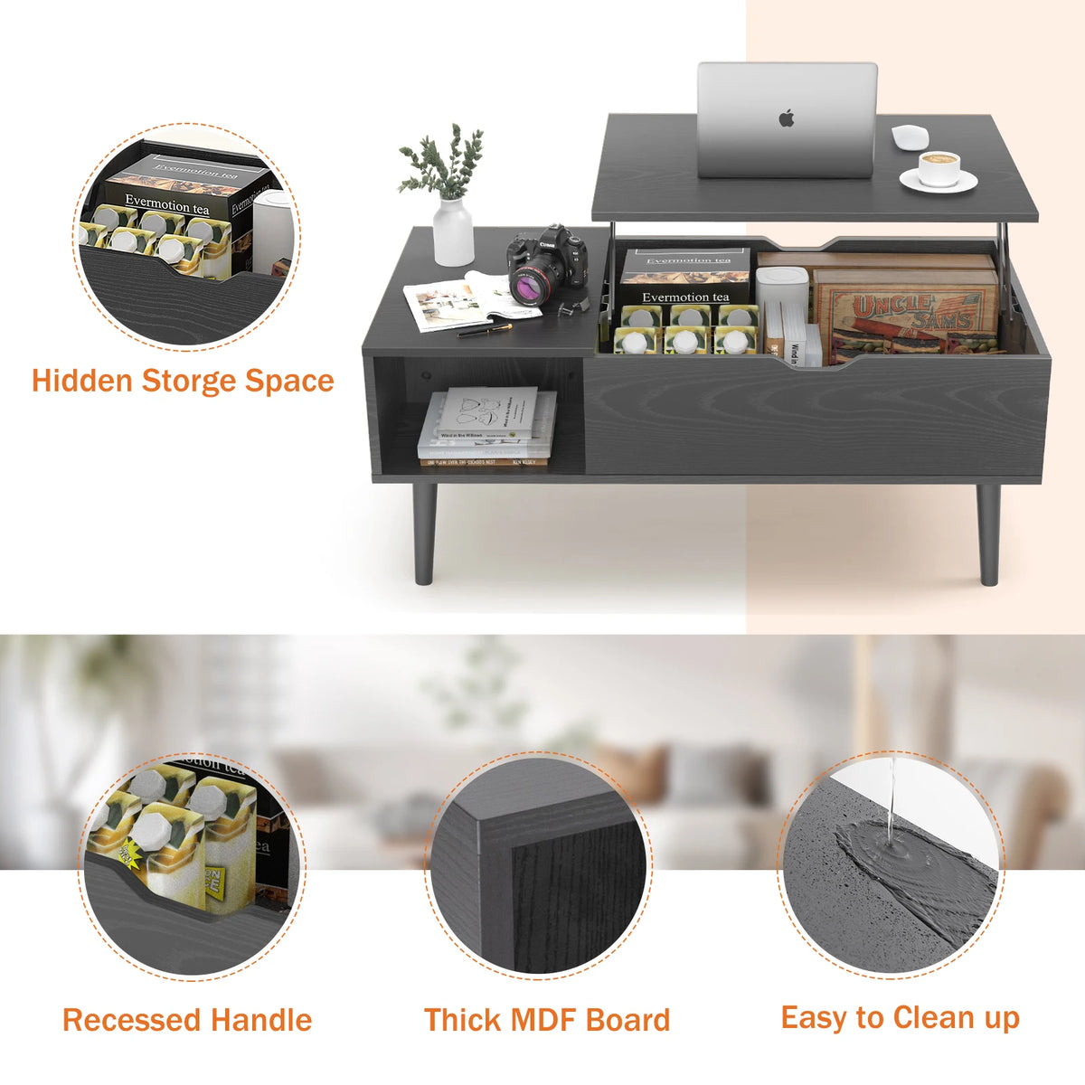 JHK Modern Lift Top Coffee Table With Adjustable Storage Shelf