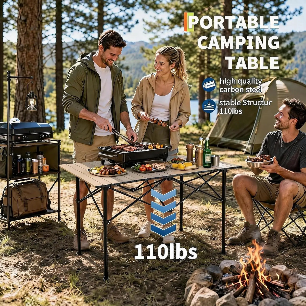 Folding Camping Table, Portable Aluminum Roll Up Table with Carrying Bag – Lightweight Waterproof Outdoor Picnic BBQ Patio Table for Camping, Beach, Backyard, Travel 