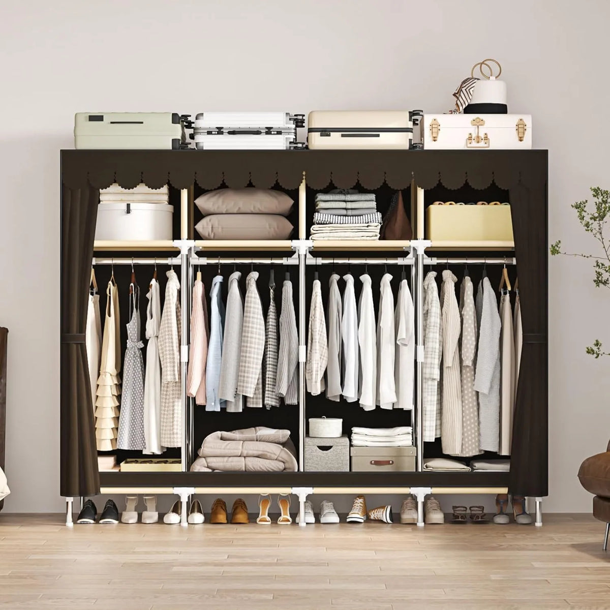 79 Inch Extra Wide Walk-in Style Portable Wardrobe Large Capacity Fabric Clothes Closet With Drawers & Full Dust Cover Multi-layer Garment Storage Organizer For Household Bedroom Dormitory Rental Room