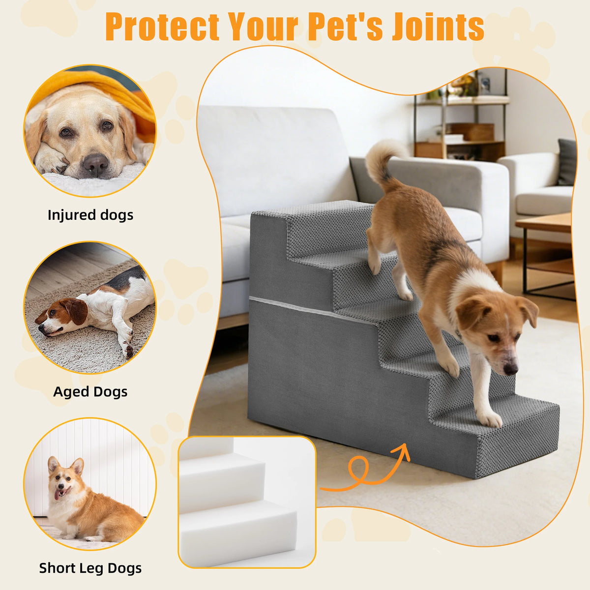 JHK Curved Foam Dog Stairs Ramp With Nonslip Pet Steps