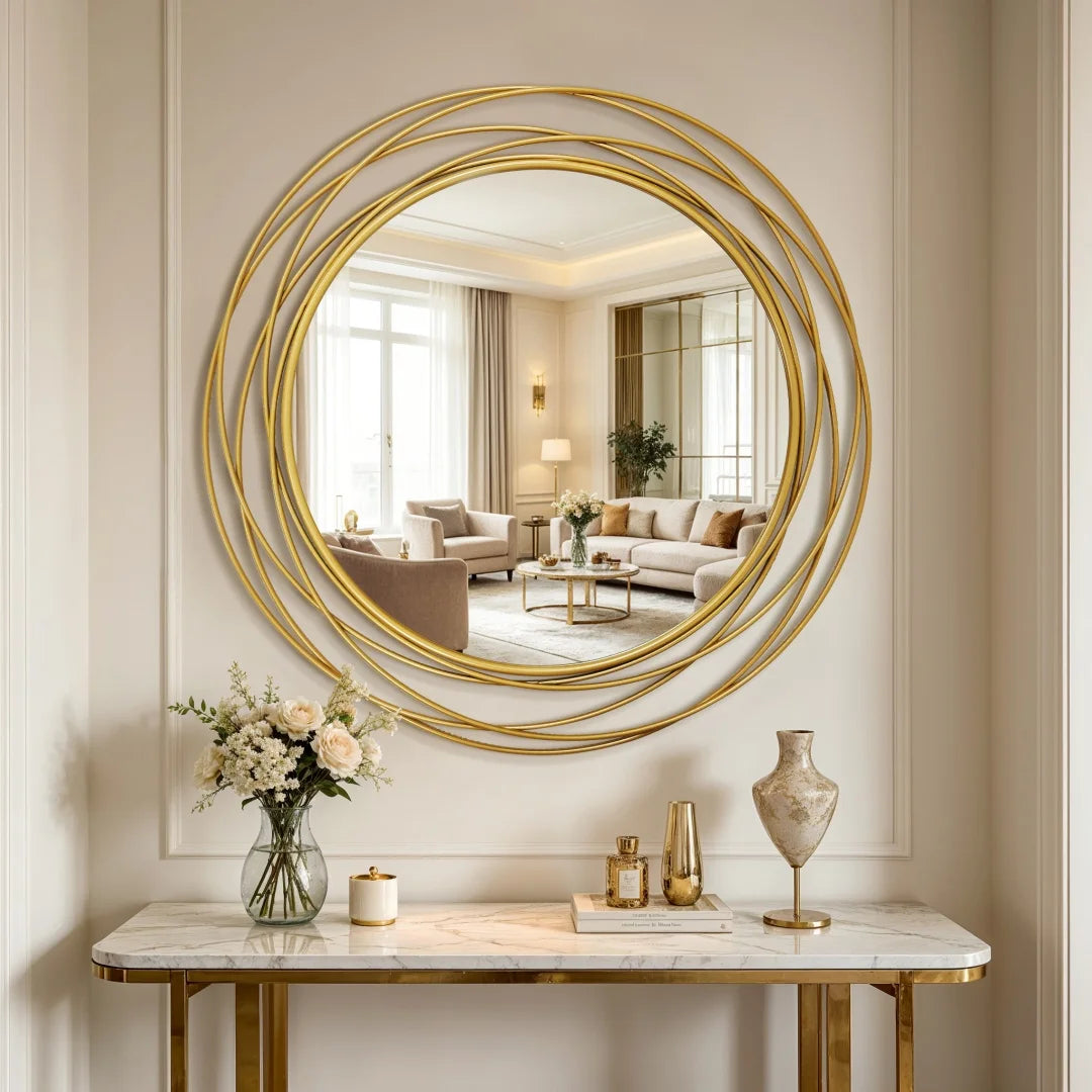 32 Inch Round Wall Mirror, Black Metal Iron Wire Frame Decorative Accent Mirror, Modern Wall Art Mirror for Living Room, Bedroom, Entryway and Home Decor
