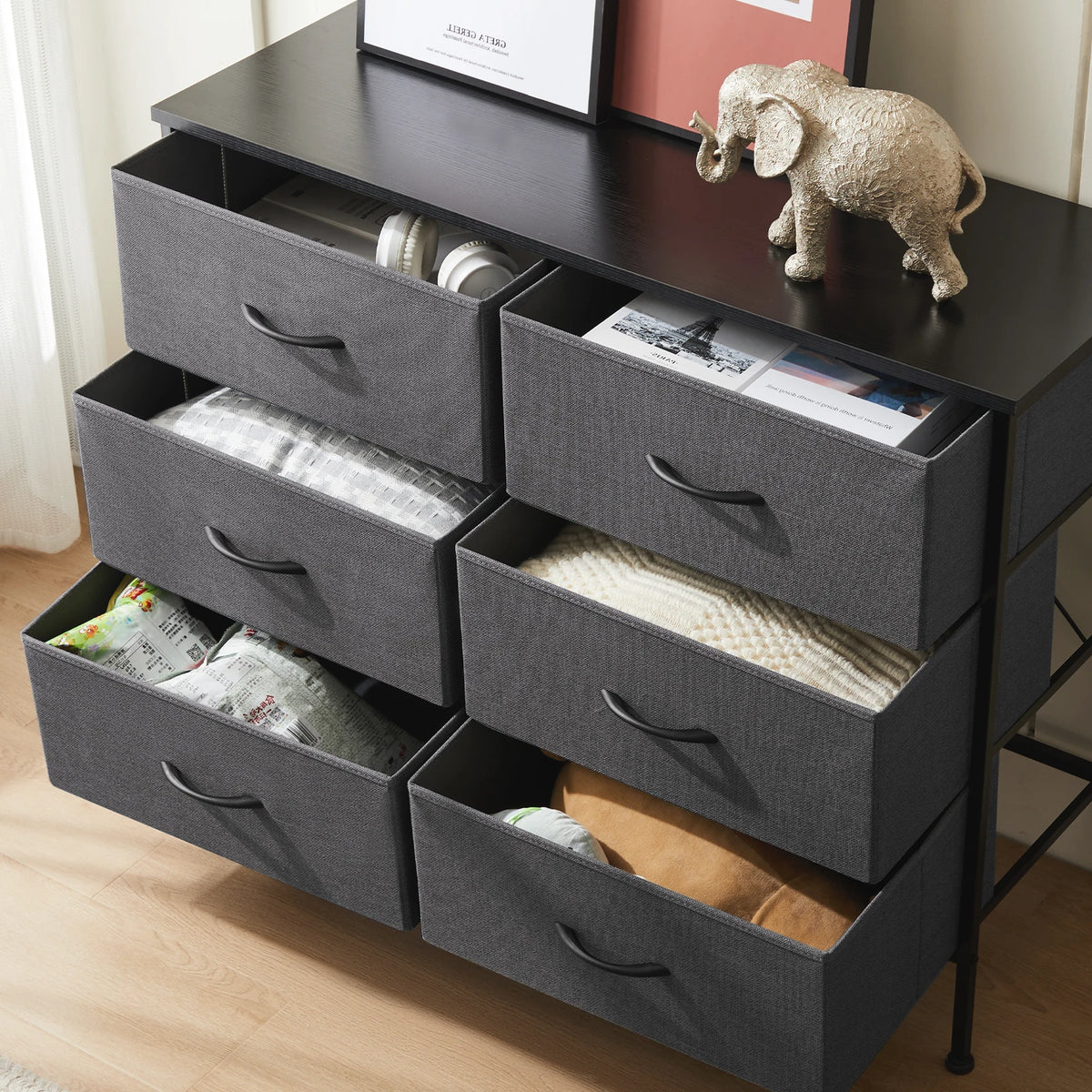 JHK Six Drawer Fabric Nightstand With Bedside Storage