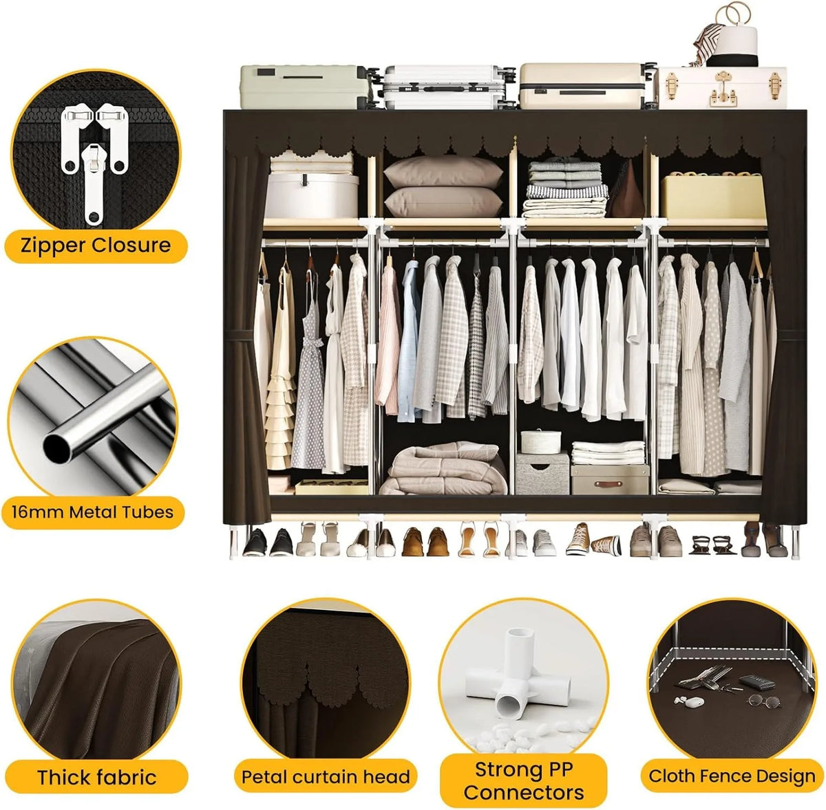 79 Inch Extra Wide Walk-in Style Portable Wardrobe Large Capacity Fabric Clothes Closet With Drawers & Full Dust Cover Multi-layer Garment Storage Organizer For Household Bedroom Dormitory Rental Room