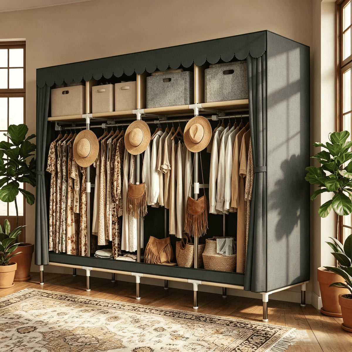 Large Capacity Dustproof Fabric Wardrobe Freestanding Clothes Closet with Top Storage Shelf Hanging Rod Heavy Duty Steel Frame Clothing Organizer for Bedroom Dorm Rental Apartment