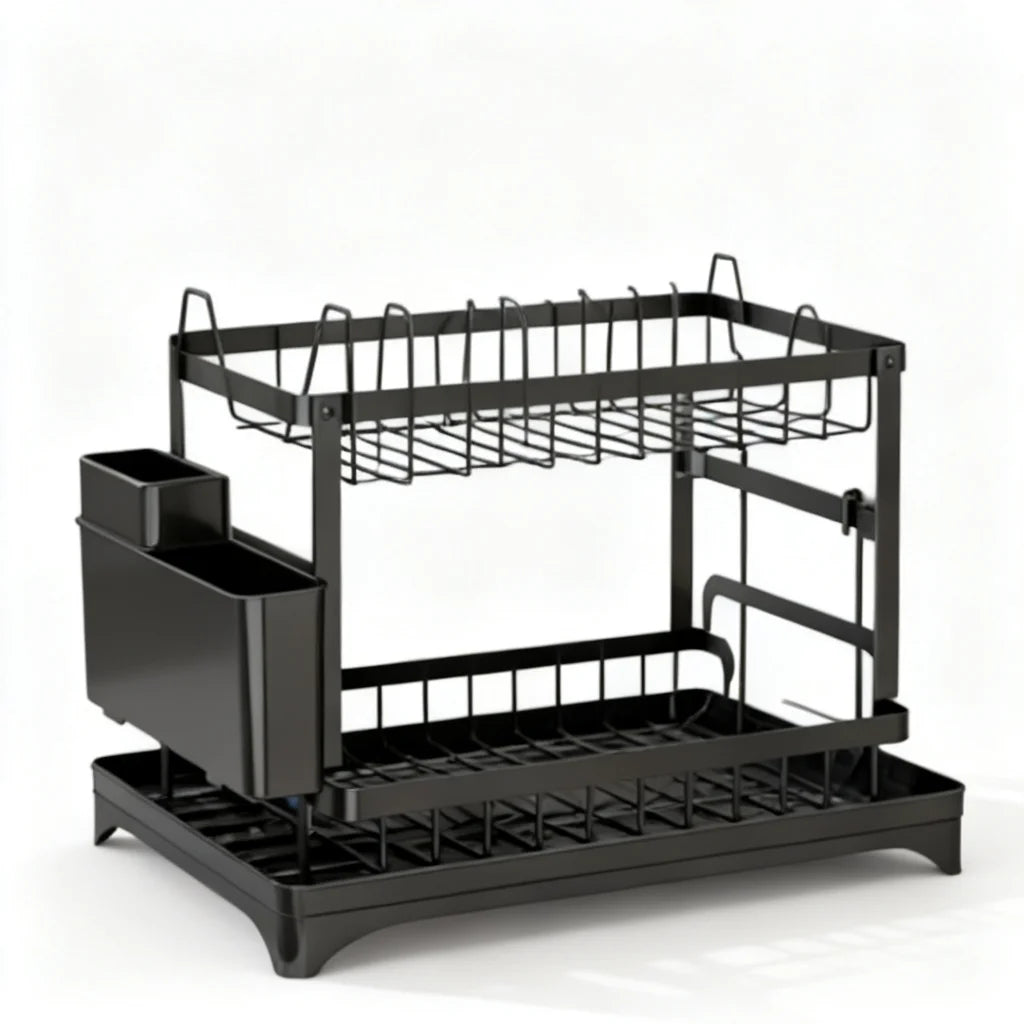 2-Tier Dish Drying Rack Rust-Proof Black 2-Tier Dish Drying Rack with Drain Tray for Kitchen Counter Organization Top Rated 2026