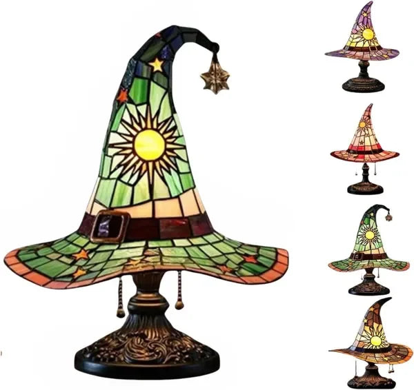 Stained Glass Resin Witch Hat Table Lamp for Gothic Decor