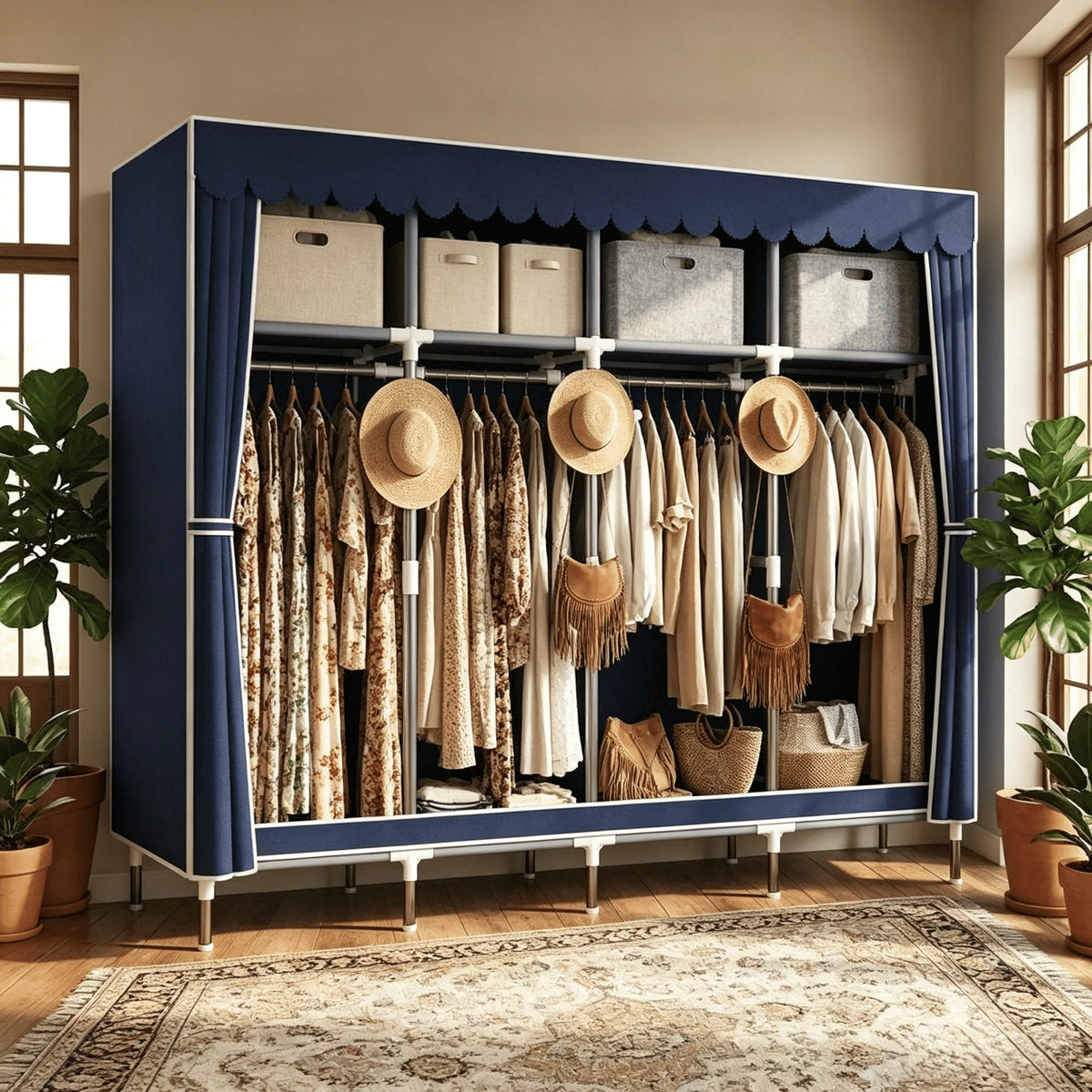 Large Capacity Dustproof Fabric Wardrobe Freestanding Clothes Closet with Top Storage Shelf Hanging Rod Heavy Duty Steel Frame Clothing Organizer for Bedroom Dorm Rental Apartment