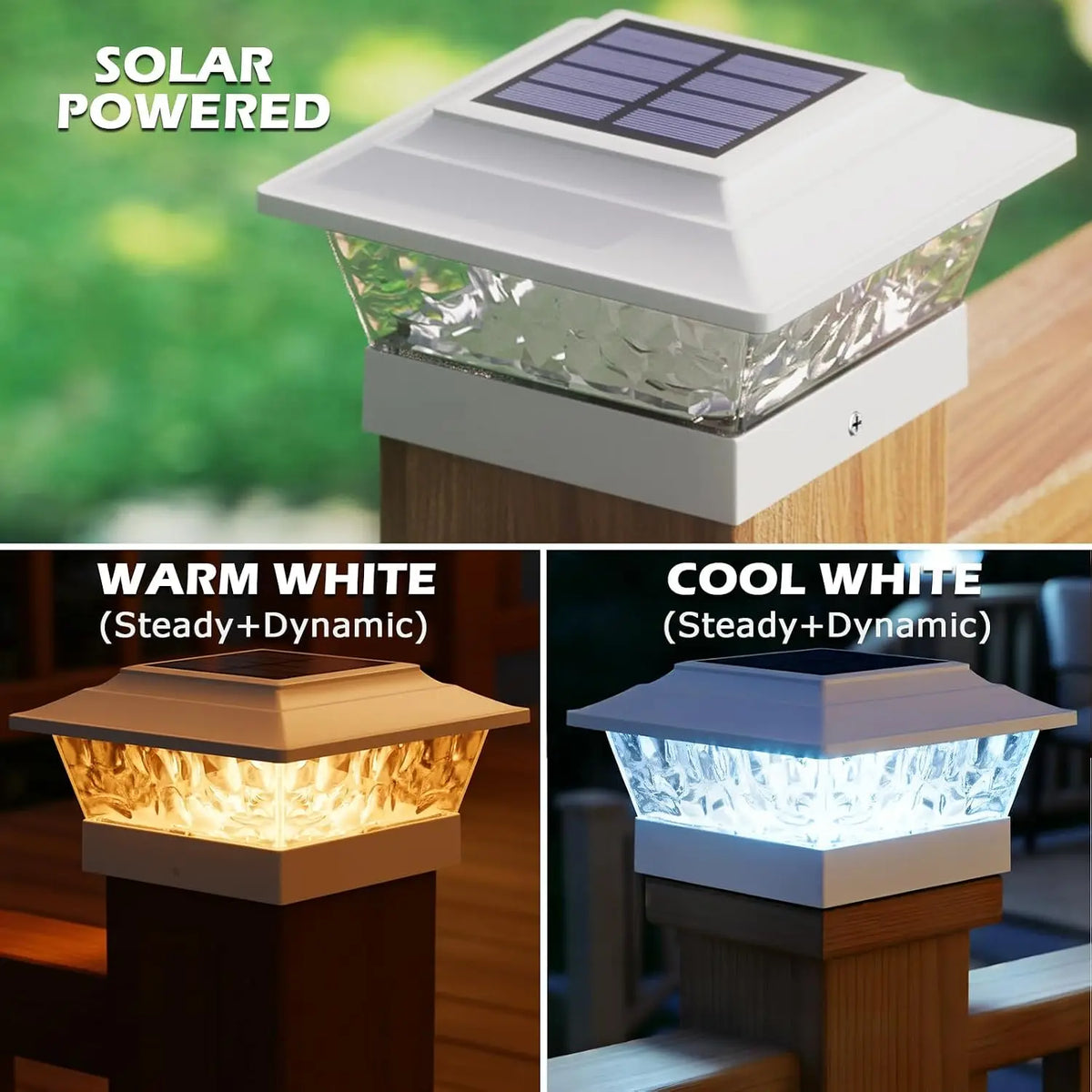 4/6/8 PacksSolar Post Cap Lights Outdoor LED, Warm White & Cool White Steady Dynamic Lighting Modes, IP65 Waterproof Solar Powered Fence Post Lights, Auto Dusk to Dawn, Fit 4x4 5x5 6x6 Wooden Vinyl Posts for Deck, Patio, Porc