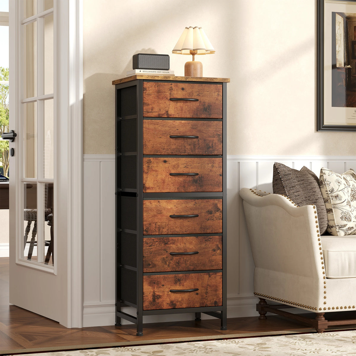 JHK Tall 6 Fabric Drawer Dresser for Bedroom Wood Top and Metal Frame Skinny Chest of Drawers Narrow Storage Tower with Organization Furniture