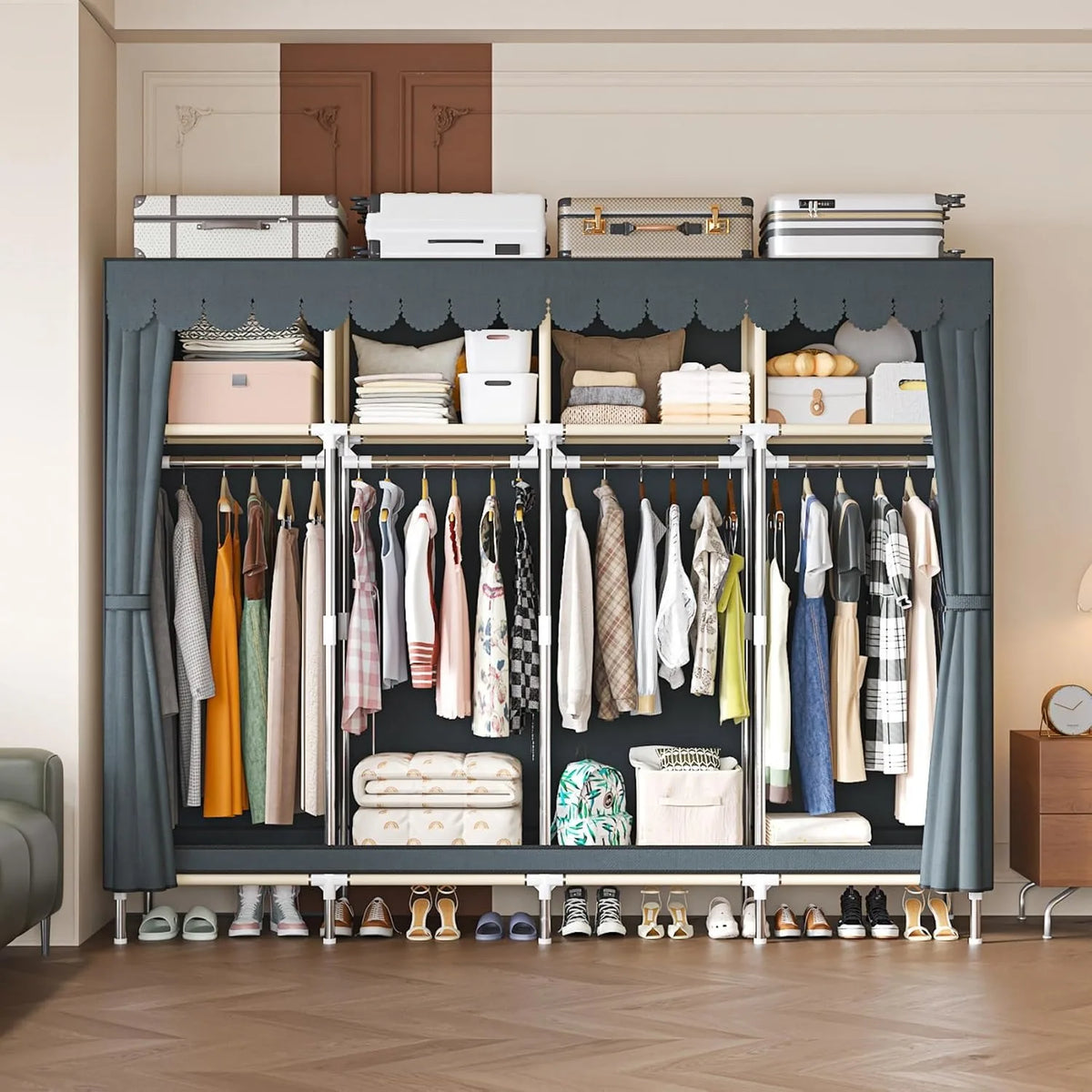 79 Inch Extra Wide Walk-in Style Portable Wardrobe Large Capacity Fabric Clothes Closet With Drawers & Full Dust Cover Multi-layer Garment Storage Organizer For Household Bedroom Dormitory Rental Room