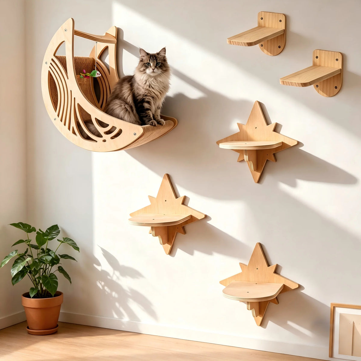 CWV Moon Shape Cat Wall Shelves With Hammock Star Perches