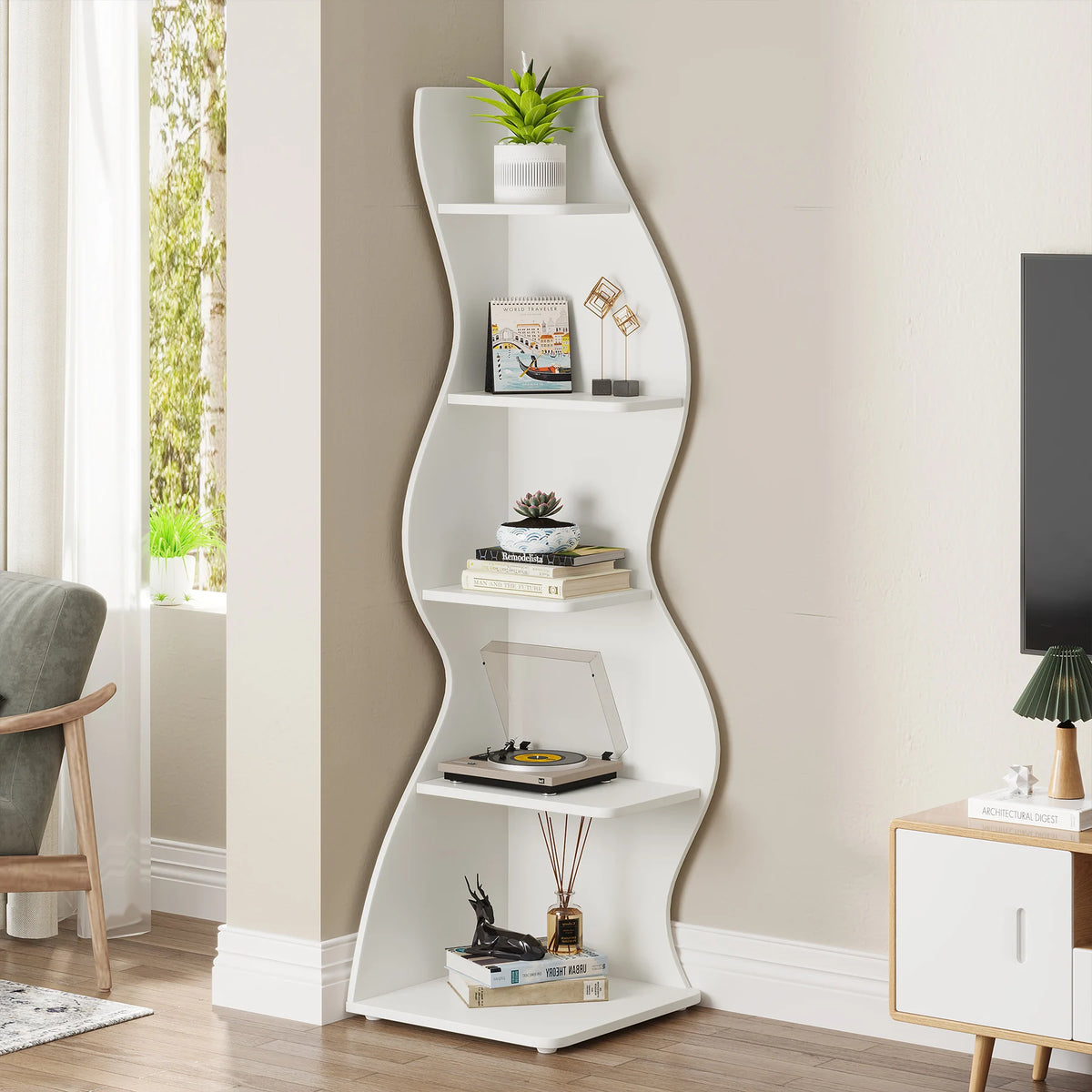 Tribesigns Modern Five Tier Corner Bookshelf And Plant Stand