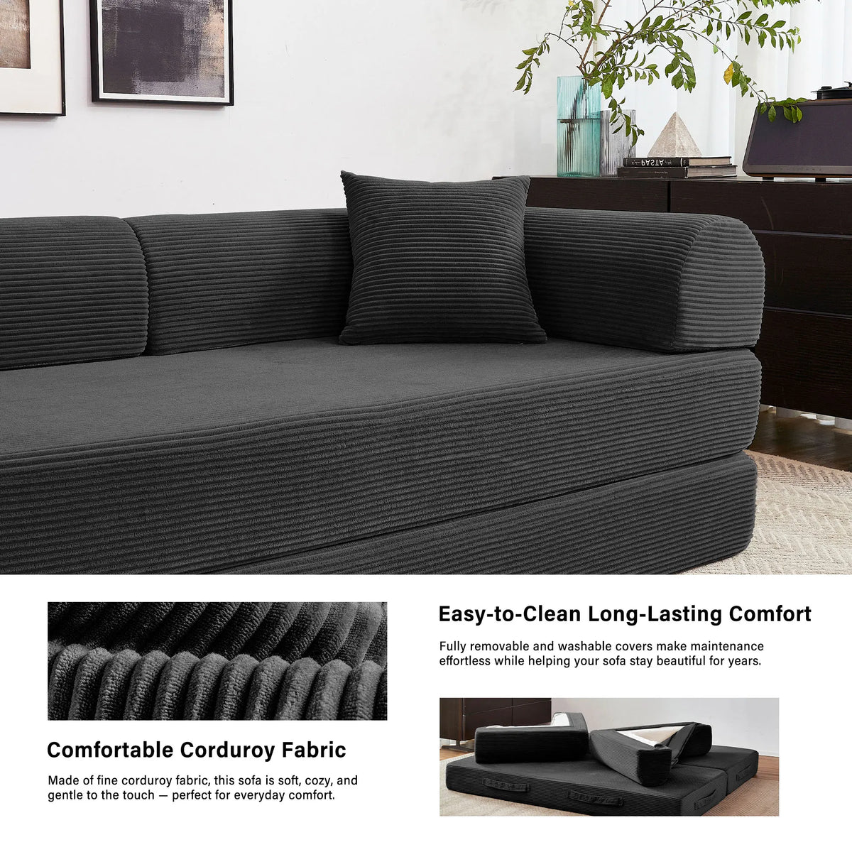 79'' Boneless Couch Foldable Convertible Futon Sleeper Sofa Bed Floor Lounge with L-Shaped Armrests for Living Room Sofas