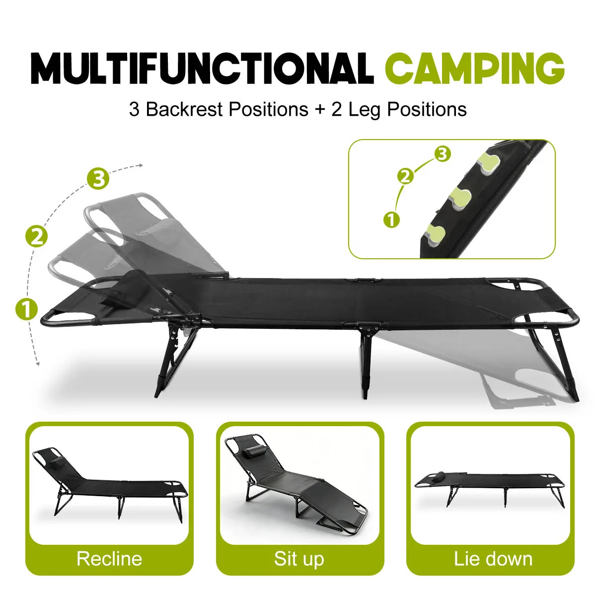 Adjustable Folding Reclining Camping Lounge Chair With Soft Cushion