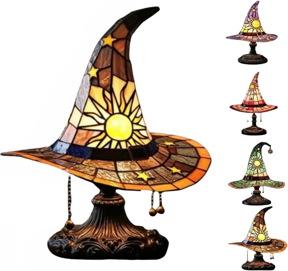 Stained Glass Resin Witch Hat Table Lamp for Gothic Decor