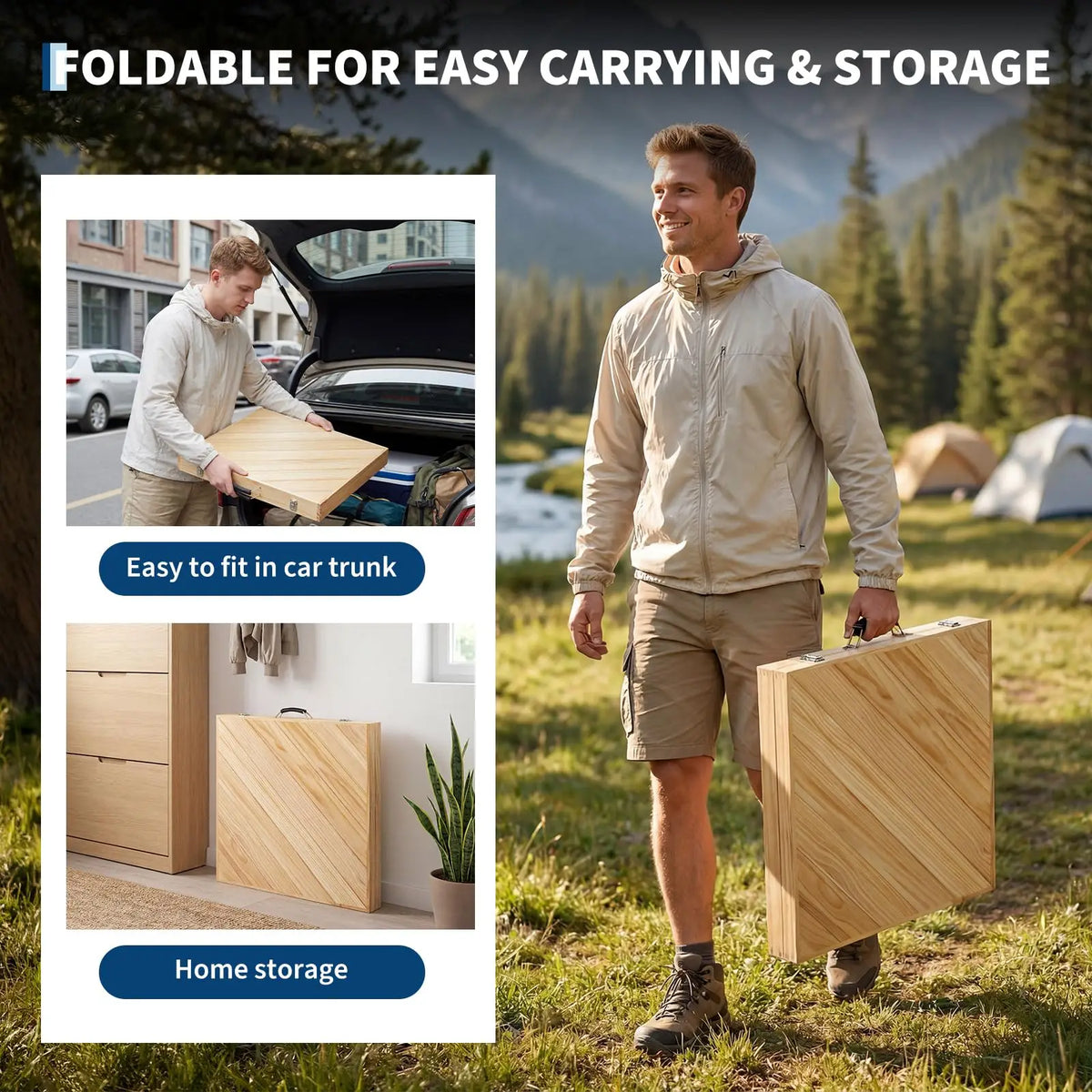 Outdoor Folding Picnic Table – Lightweight Sturdy Compact Solid Wood Table with Adjustable Height, Built-in Handles for Portable Camping & Patio Use, 60x30Inch/44.5x22Inch
