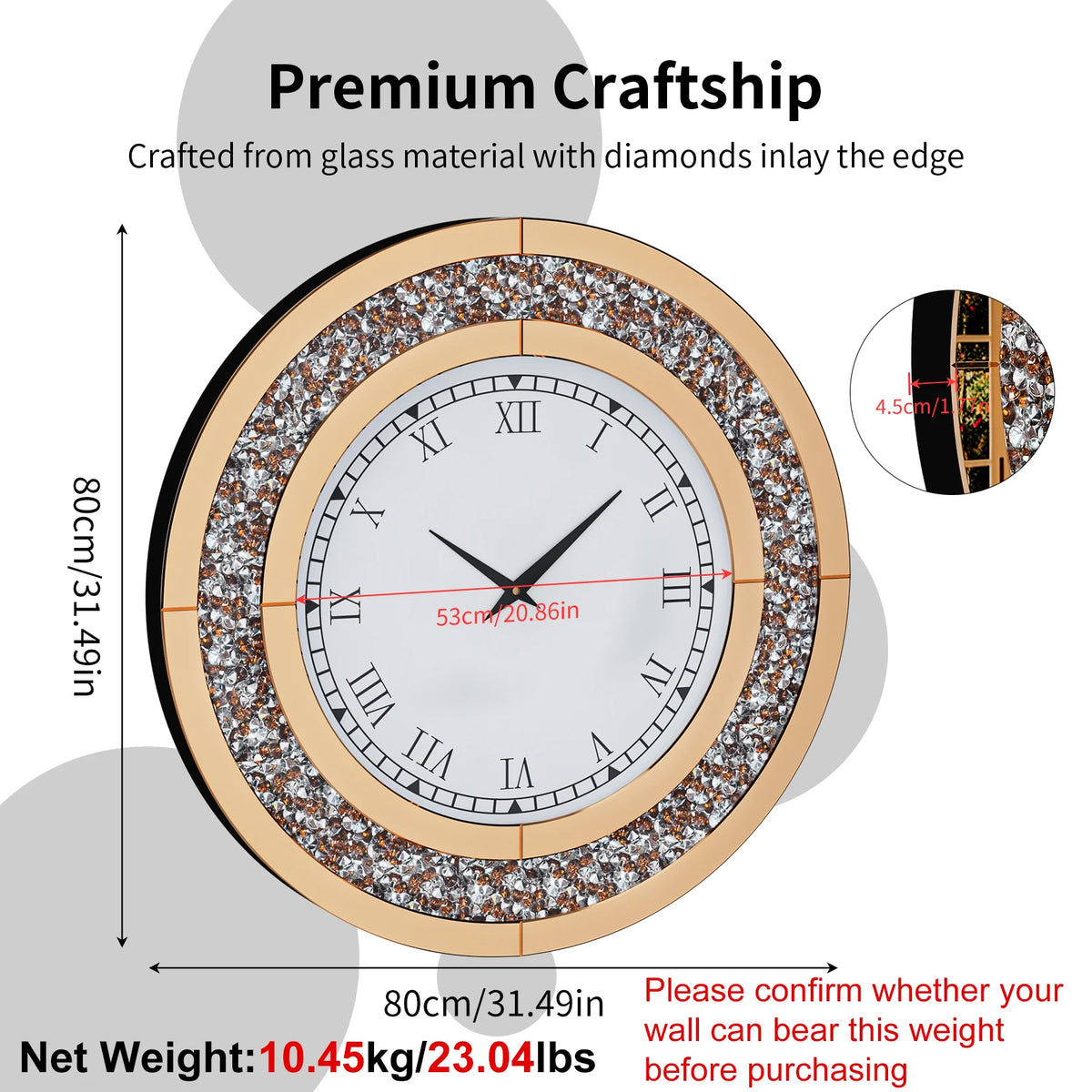 Large Wall Clock Silver Tawny Tinted Crushed Diamond Inlay Clock 80CM Round Decorative Mirrored Clock