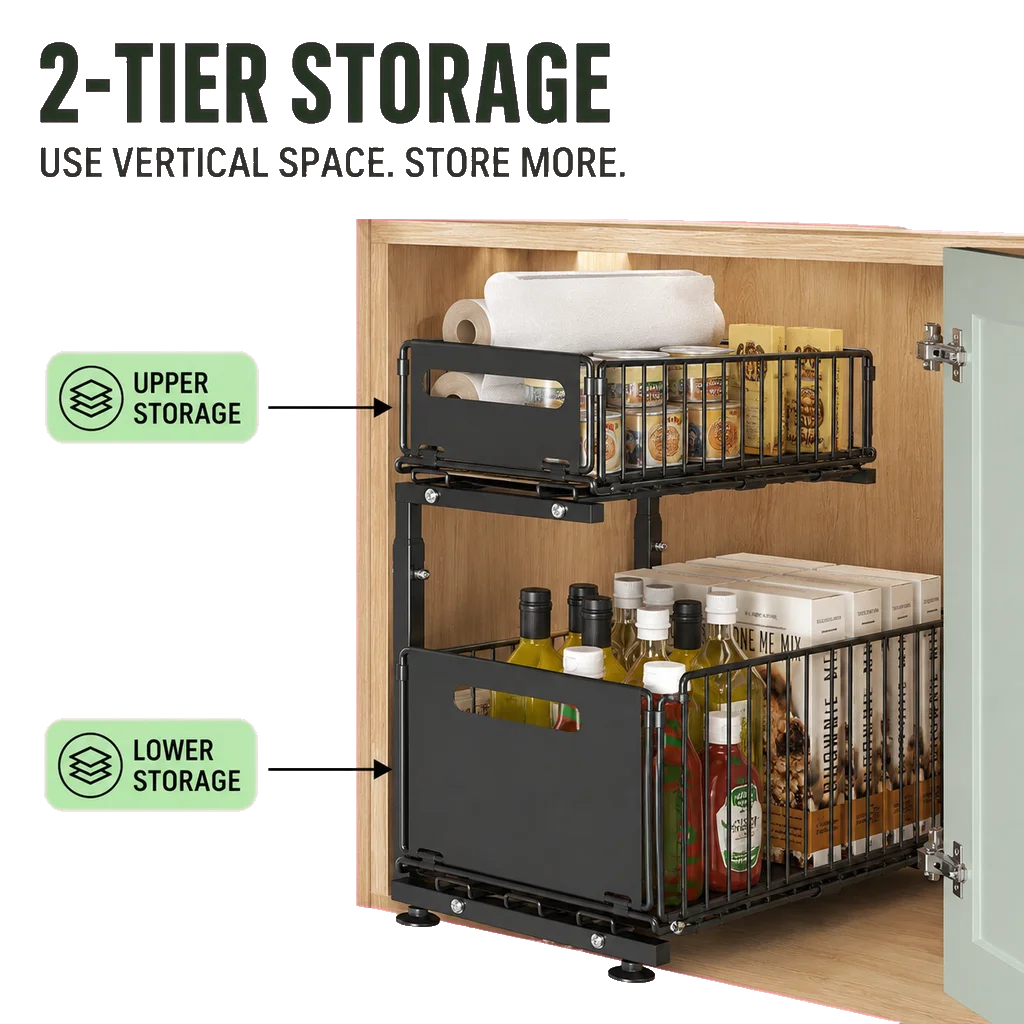 Under Sink Organizer 2-Tier Pull Out Cabinet Storage Rack, L-Shaped Foldable Shelf for Kitchen Bathroom, Space Saver with Adjustable Drawers, Black Carbon Steel