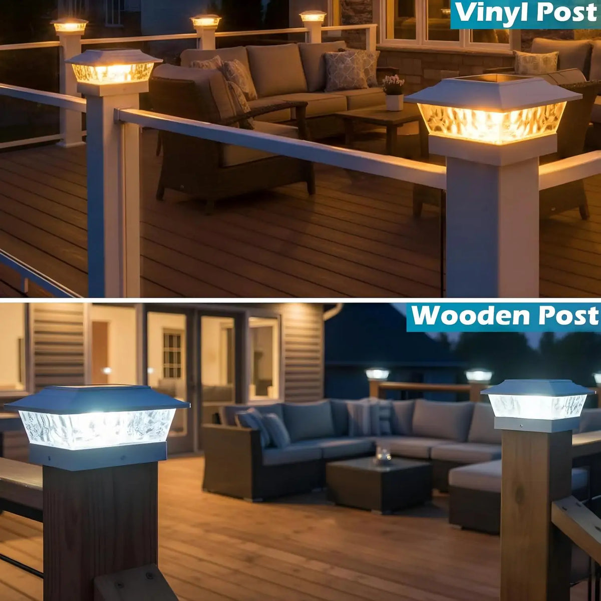 4/6/8 PacksSolar Post Cap Lights Outdoor LED, Warm White & Cool White Steady Dynamic Lighting Modes, IP65 Waterproof Solar Powered Fence Post Lights, Auto Dusk to Dawn, Fit 4x4 5x5 6x6 Wooden Vinyl Posts for Deck, Patio, Porc