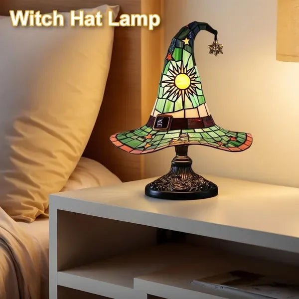 Stained Glass Resin Witch Hat Table Lamp for Gothic Decor