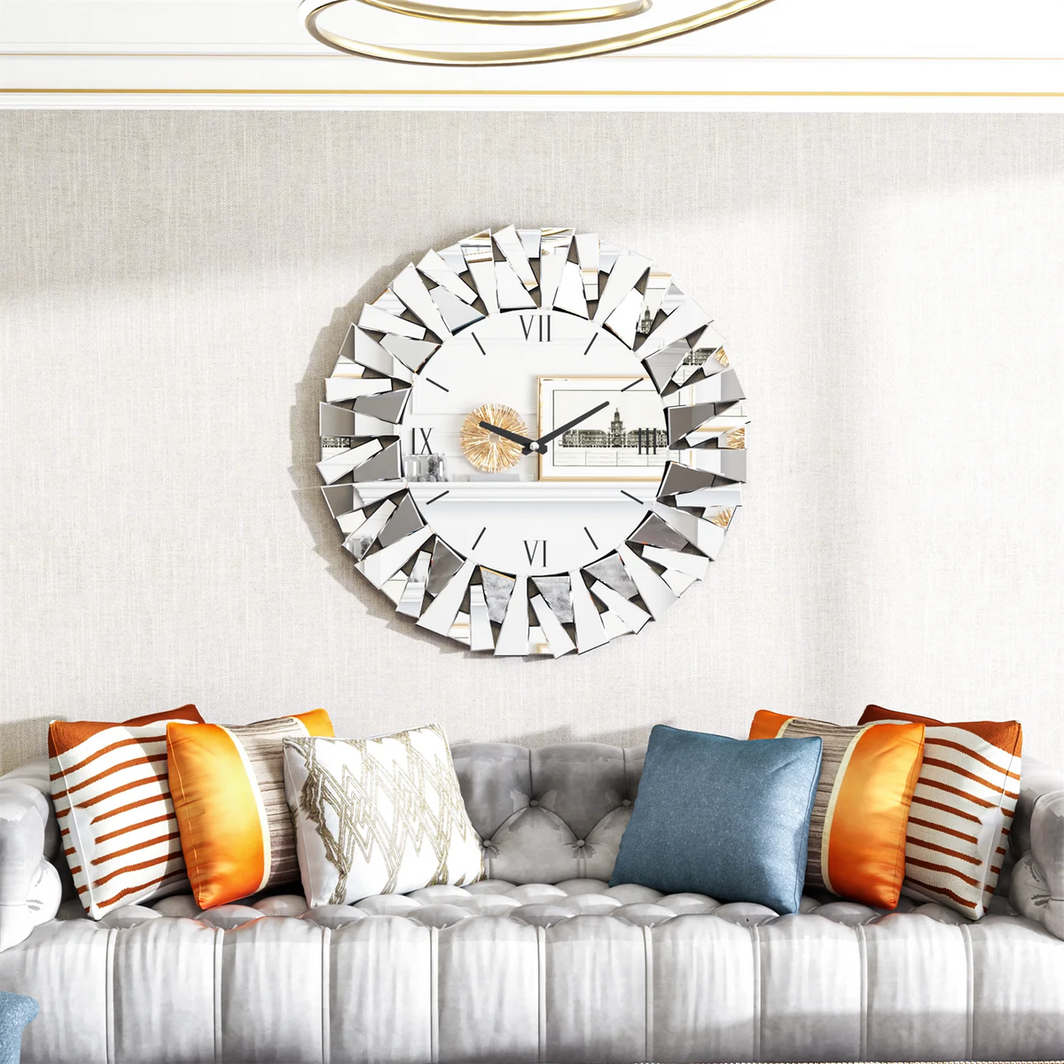80cm Large Round Mirrored Wall Clock 3D Beveled Glass Edge Fireplace Living Room Fireplaces Decor