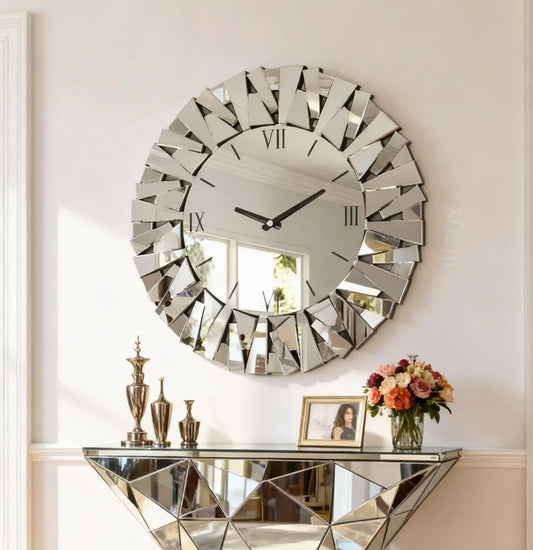 80cm Large Round Mirrored Wall Clock 3D Beveled Glass Edge Fireplace Living Room Fireplaces Decor