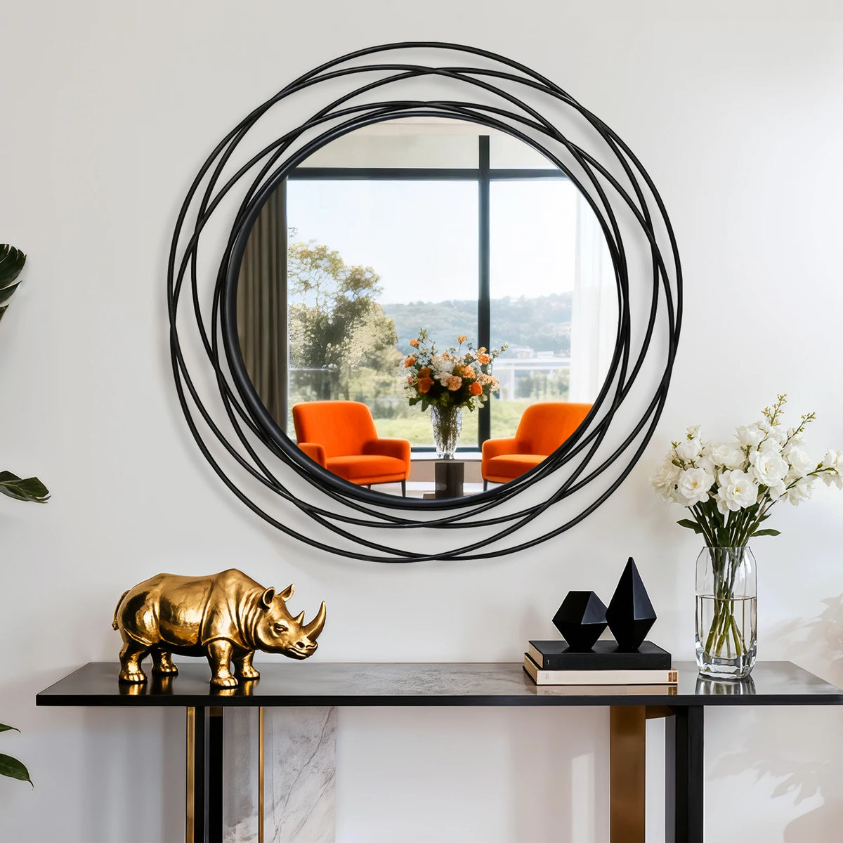 32 Inch Round Wall Mirror, Black Metal Iron Wire Frame Decorative Accent Mirror, Modern Wall Art Mirror for Living Room, Bedroom, Entryway and Home Decor