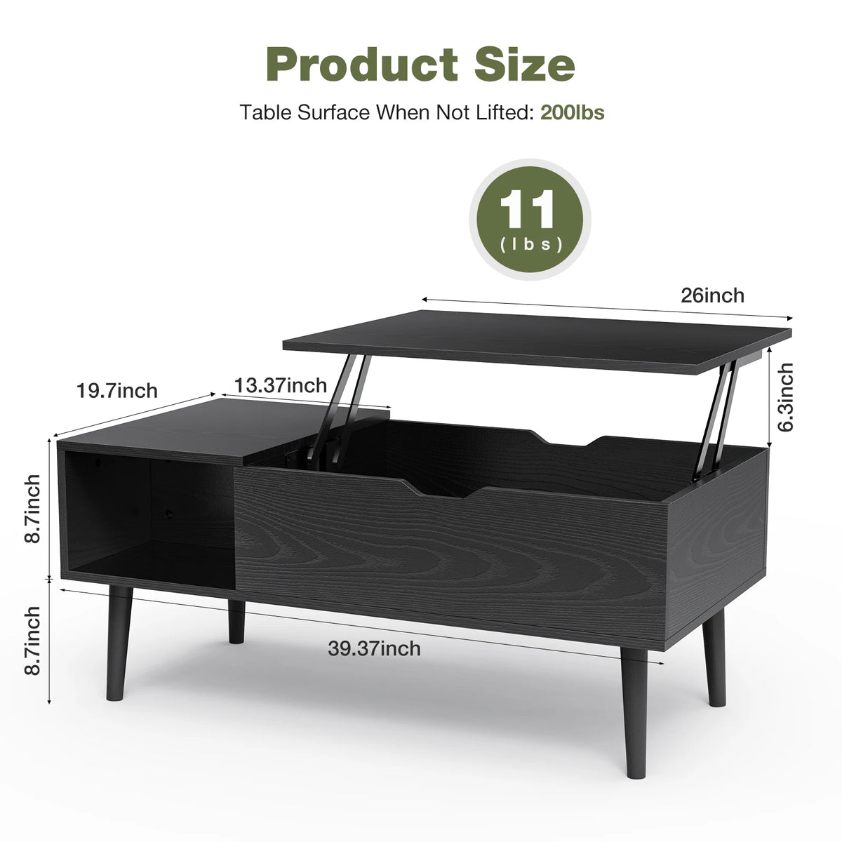 JHK Modern Lift Top Coffee Table With Adjustable Storage Shelf