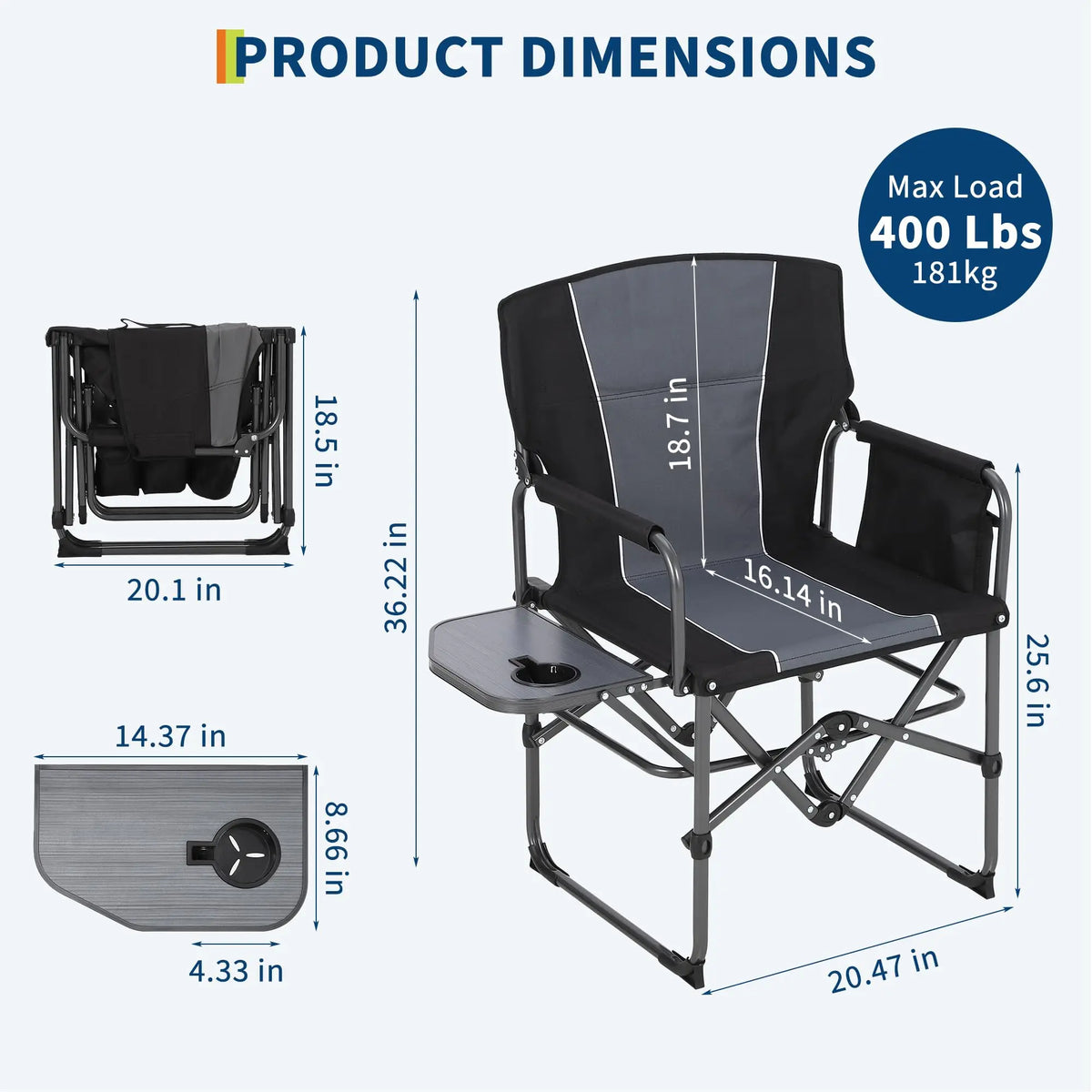 Heavy Duty Folding Directors Chair With Side Table for Camping