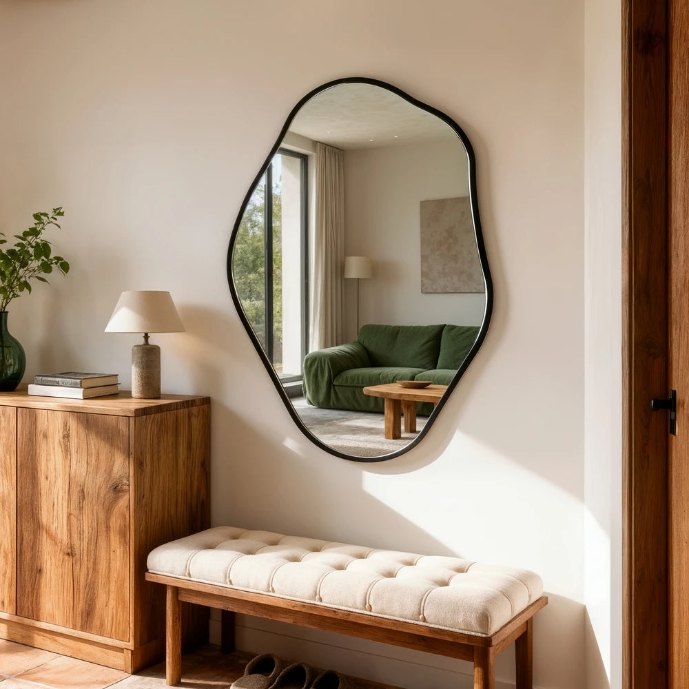 Asymmetrical Black Wall Mirror, Large Irregular Modern Wall Mounted Mirror with Aluminum Alloy Frame, Unique Freeform Decorative Art Mirror for Living Room, Bedroom, Entryway & Hallway
