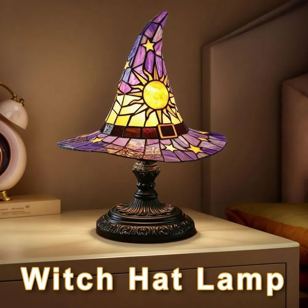 Stained Glass Resin Witch Hat Table Lamp for Gothic Decor