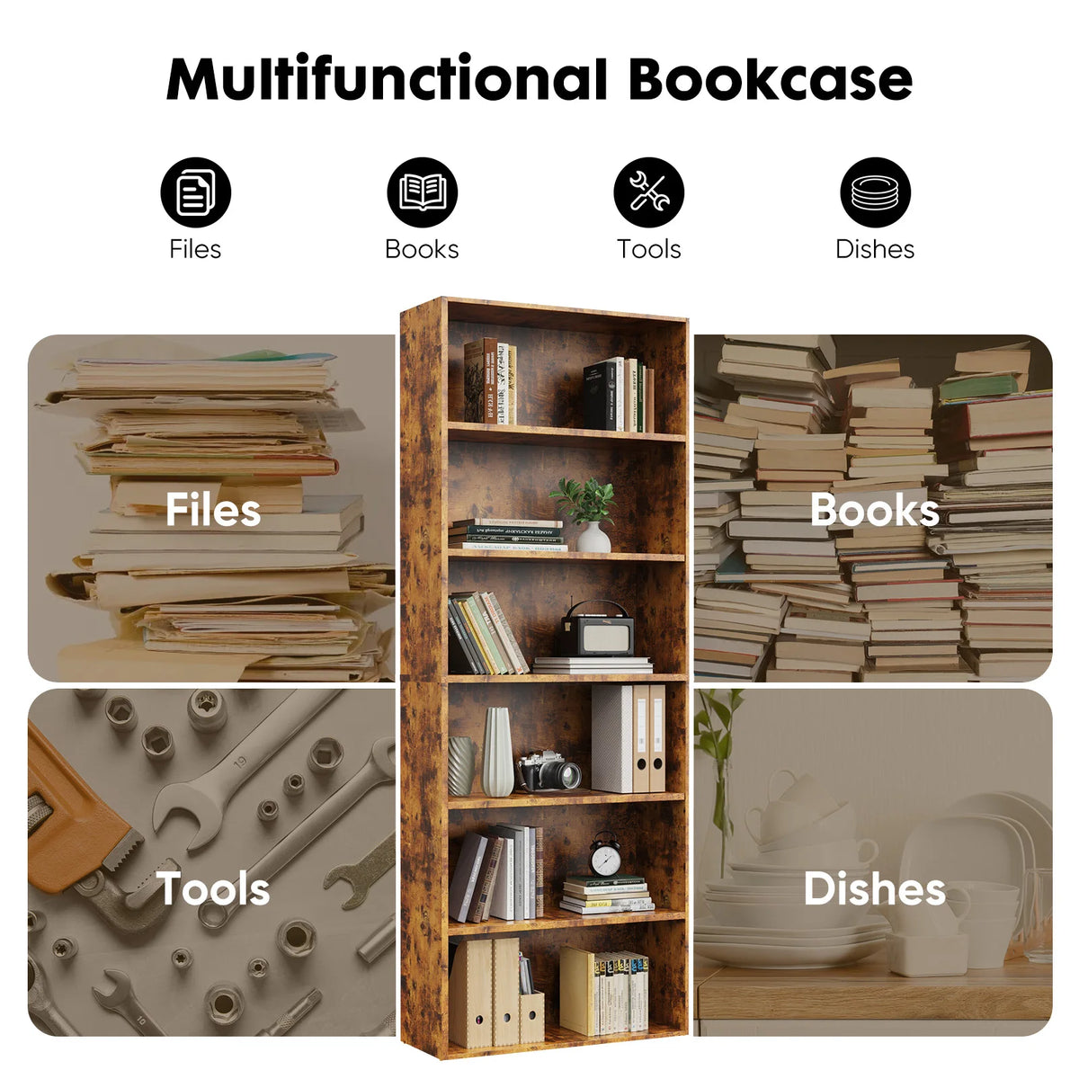 JHK Modern Wooden Bookcase With Open Shelving For Home Storage
