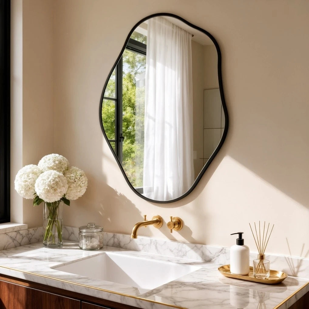 Asymmetrical Black Wall Mirror, Large Irregular Modern Wall Mounted Mirror with Aluminum Alloy Frame, Unique Freeform Decorative Art Mirror for Living Room, Bedroom, Entryway & Hallway