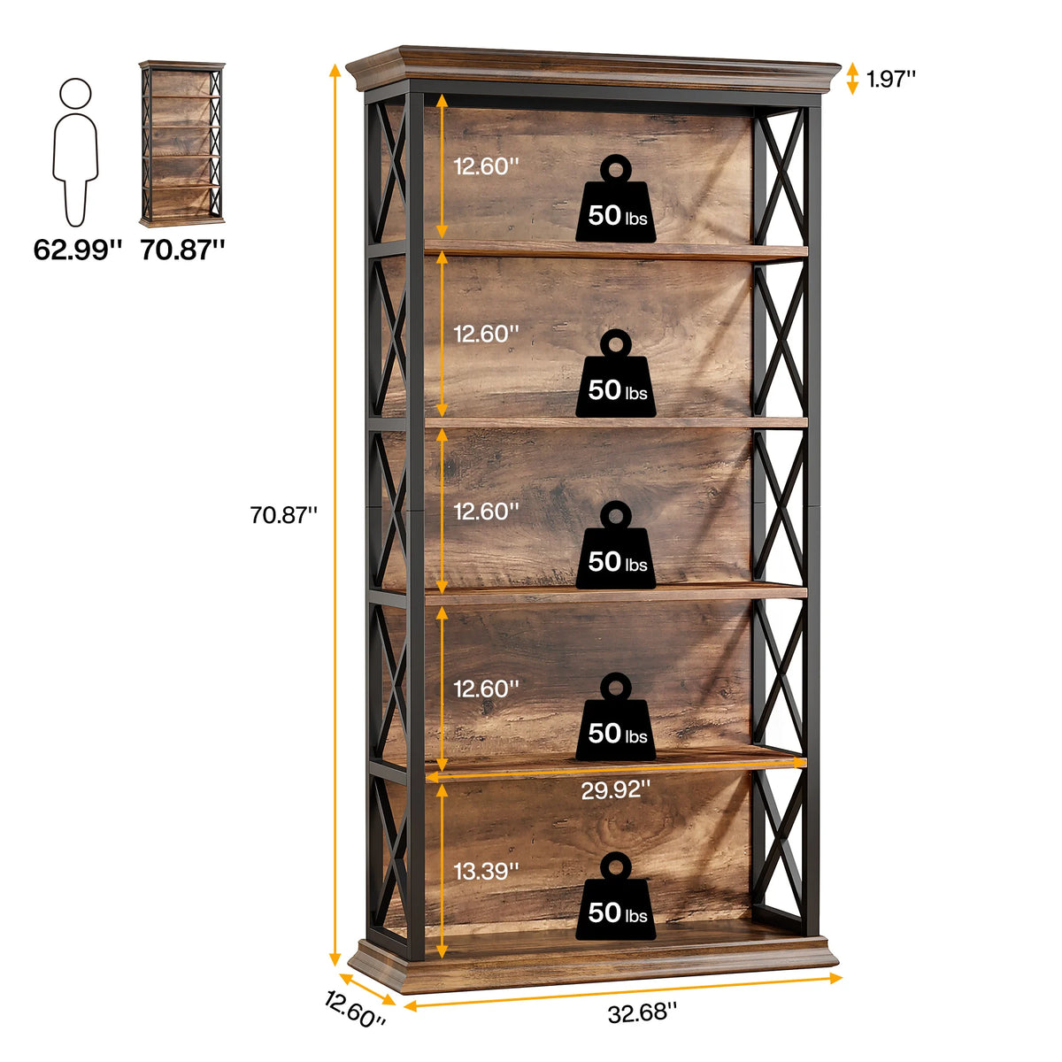 Tribesigns 6-Tier Bookcase, 71 Inches Industrial Bookshelves and Bookcases, Floor Standing 5 Shelf Display Storage Shelves