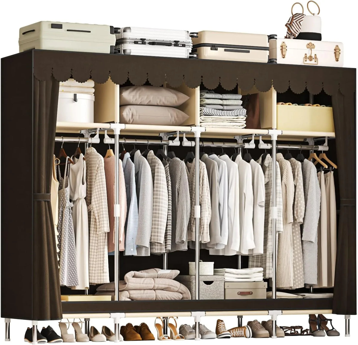 79 Inch Extra Wide Walk-in Style Portable Wardrobe Large Capacity Fabric Clothes Closet With Drawers & Full Dust Cover Multi-layer Garment Storage Organizer For Household Bedroom Dormitory Rental Room