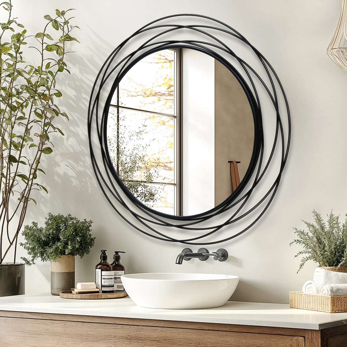 32 Inch Round Wall Mirror, Black Metal Iron Wire Frame Decorative Accent Mirror, Modern Wall Art Mirror for Living Room, Bedroom, Entryway and Home Decor