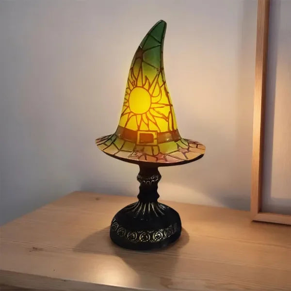 Stained Glass Resin Witch Hat Table Lamp for Gothic Decor
