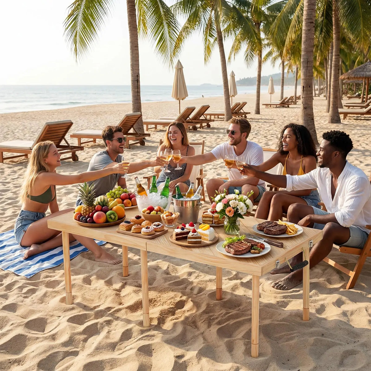 Outdoor Folding Picnic Table – Lightweight Sturdy Compact Solid Wood Table with Adjustable Height, Built-in Handles for Portable Camping & Patio Use, 60x30Inch/44.5x22Inch