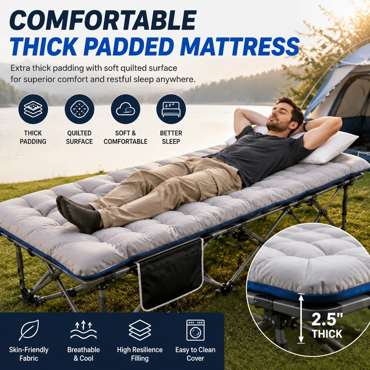 Portable Folding Camping Cot With Thick Padded Mattress For Adults