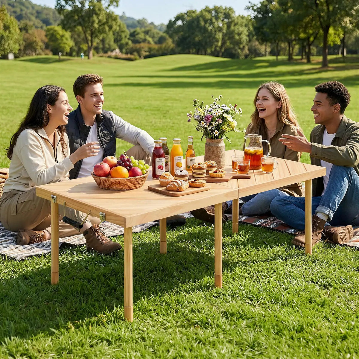 Outdoor Folding Picnic Table – Lightweight Sturdy Compact Solid Wood Table with Adjustable Height, Built-in Handles for Portable Camping & Patio Use, 60x30Inch/44.5x22Inch