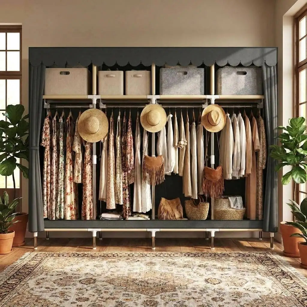 Large Capacity Dustproof Fabric Wardrobe Freestanding Clothes Closet with Top Storage Shelf Hanging Rod Heavy Duty Steel Frame Clothing Organizer for Bedroom Dorm Rental Apartment